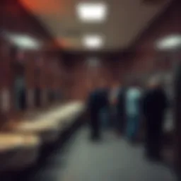 A bustling men's restroom in a casino with patrons at the urinals and sinks, showcasing various expressions and interactions.