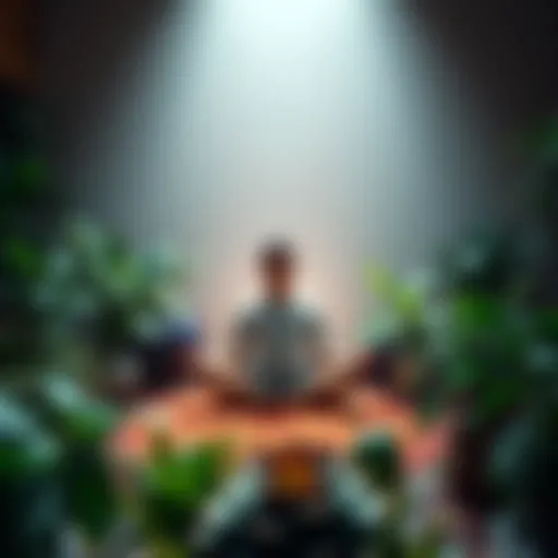 A person practicing meditation in a calm space surrounded by plants, symbolizing peace and well-being.