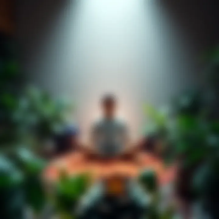A person practicing meditation in a calm space surrounded by plants, symbolizing peace and well-being.