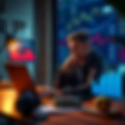 A person sitting at a desk with a laptop, looking thoughtfully at betting graphs, showing both ups and downs, symbolizing mental resilience in betting.