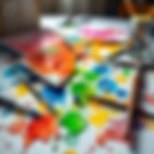 Messy watercolor painting on a table A chaotic scene of watercolor paints spilled on a table with brushes and paper