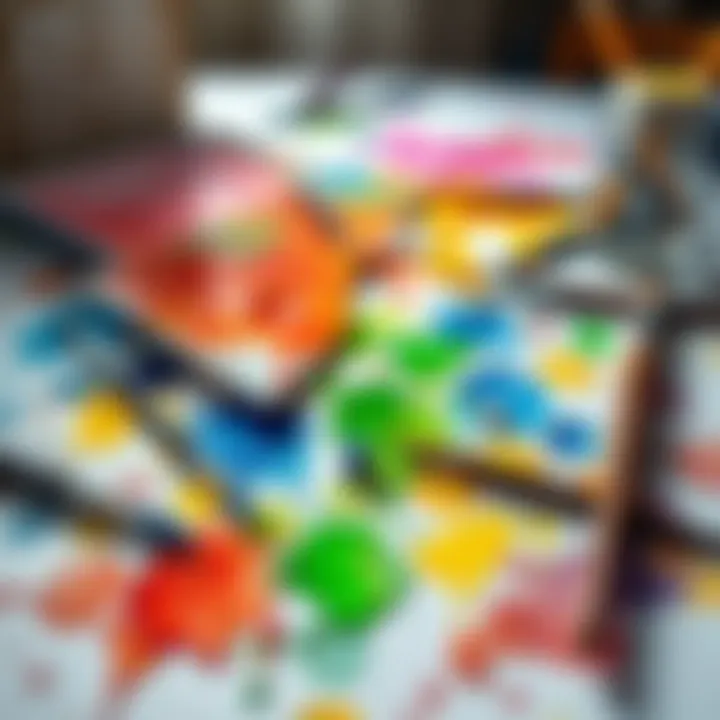 Messy watercolor painting on a table A chaotic scene of watercolor paints spilled on a table with brushes and paper