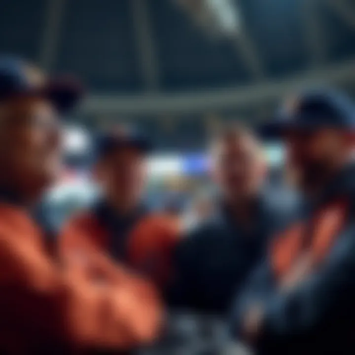 Group of New York Mets fans talking about their betting strategies during a game, showing expressions of concern and excitement.