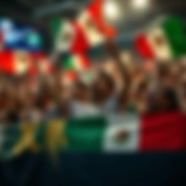Group of passionate Mexican fans cheering and waving flags in excitement during a game