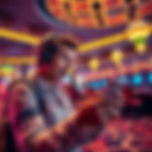 A traveler excitedly checking their MGM Rewards account for Freeplay credits and offers in a casino setting