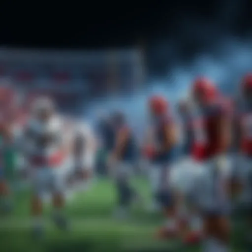 Players from Miami and Ole Miss preparing for a college football game with fans cheering in the background