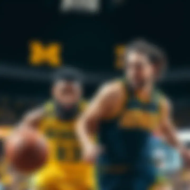 Players from Michigan and Iowa battling during a basketball game with intense expressions and focused gameplay