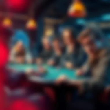 A group of players at a poker table using solver tools with focused expressions during a mid-stakes game.