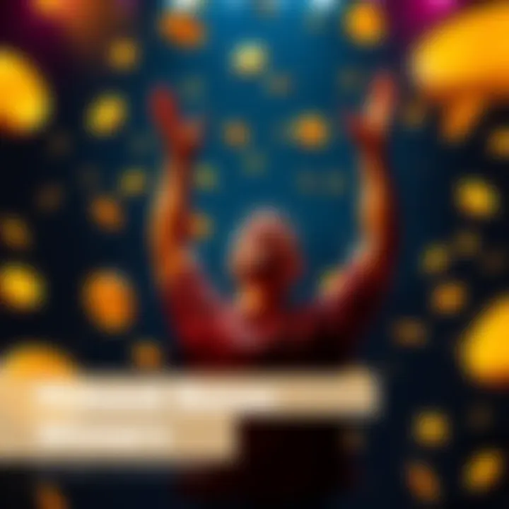 Midweek Bonus Celebration A person celebrating with hands raised, surrounded by bonus symbols like coins and stars, symbolizing maximizing winnings through midweek bonuses.