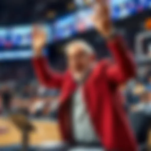 Mike Breen energetically commentating a basketball game, raising his hands in excitement as he calls out 'Bang!' during a key moment.