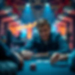 A player focused on a poker game at a table with chips and cards, showing a mix of excitement and concentration.