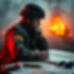 A soldier reflecting on a lost battle, with a map and strategy notes in the foreground, symbolizing learning from defeat.