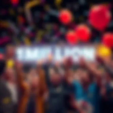 Cheering people celebrating a million dollar lottery win with confetti and balloons in Michigan