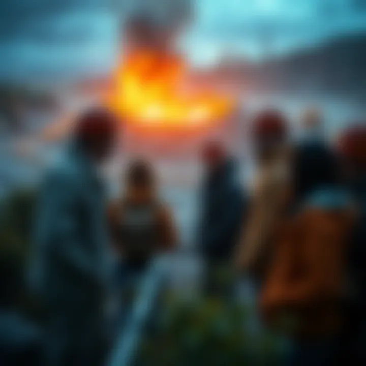A group of people examining a mining site, showcasing their mixed feelings towards the environment and mining activity.