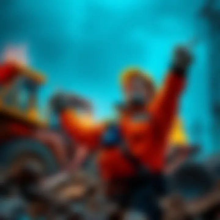 A miner celebrating a major discovery in a vibrant mining site, showcasing machinery and minerals around.