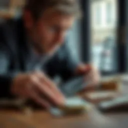 A worried person looking at their empty wallet and bills on a table, symbolizing unpaid monthly payments.