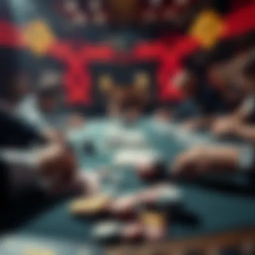 A scene of a Mississippi Stud poker table with chips and cards spread out, showing players engaged in the game.