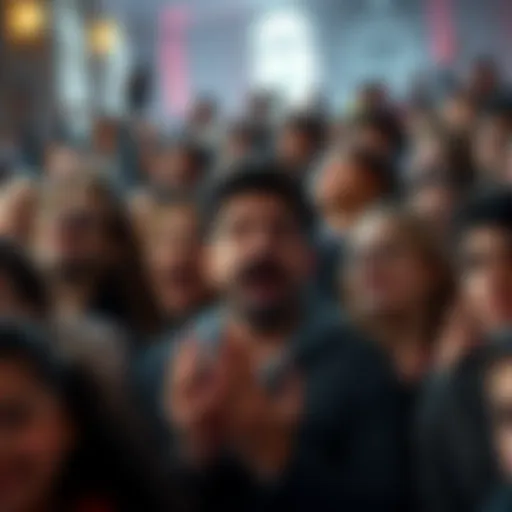 A crowd of people reacting with laughter and concern to a recent news event, showing a variety of emotions.