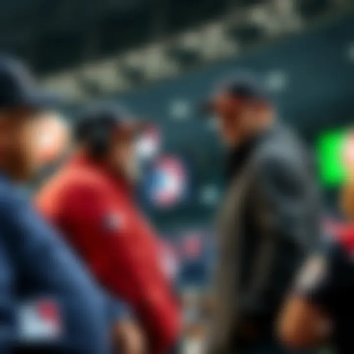 A baseball coach discusses betting strategies with fans, with MLB logos in the background.