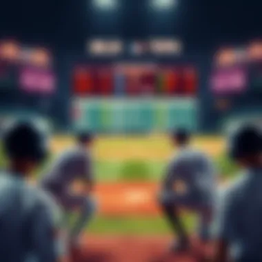 Baseball players preparing for a game with a scoreboard in the background showing upcoming matches