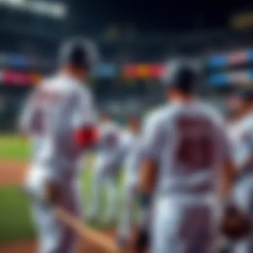 Players from American and National League preparing for the All Star Game, with baseball equipment and team jerseys visible.