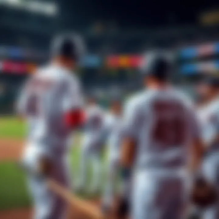 Players from American and National League preparing for the All Star Game, with baseball equipment and team jerseys visible.