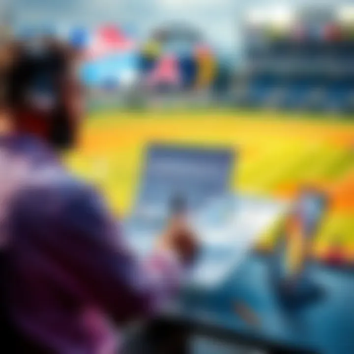 A baseball analyst reviewing player statistics with charts and graphs, focusing on home runs and strikeouts, with a baseball field in the background.