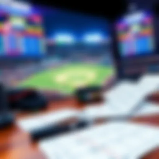 A sports betting setup with baseball games on the screen and betting slips on the table, showing excitement for upcoming MLB matches.