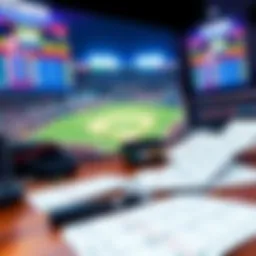MLB Betting Analysis A sports betting setup with baseball games on the screen and betting slips on the table, showing excitement for upcoming MLB matches.