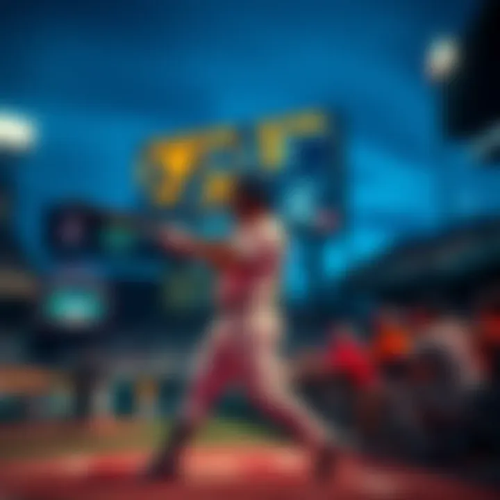 A baseball player taking a swing while fans watch from the stands, with a scoreboard in the background showing upcoming games.