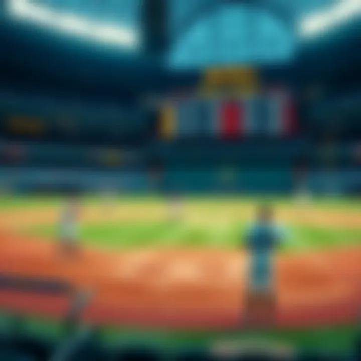 A baseball field with players warming up before a game, featuring betting odds displayed on a digital board in the background.