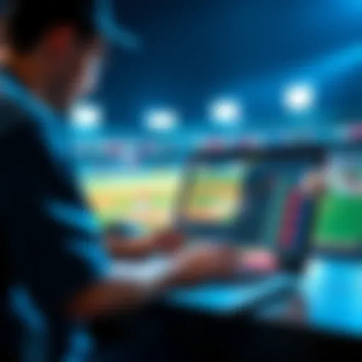 A person analyzing MLB betting odds on a laptop with a baseball theme in the background