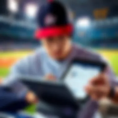 A baseball player analyzing statistics on a tablet with a baseball field background