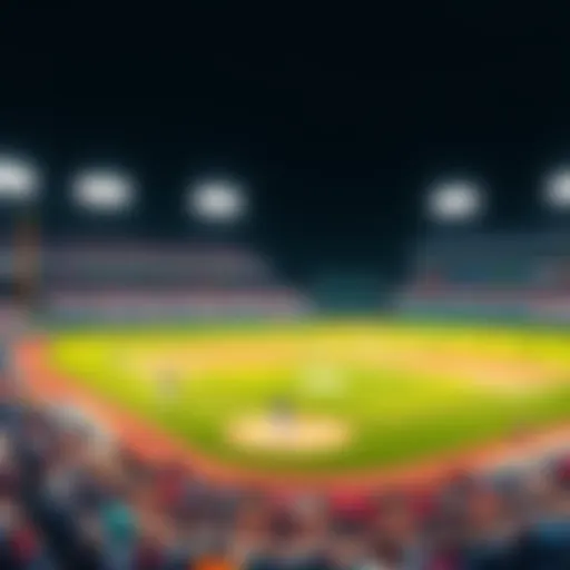 A baseball field with players warming up and fans in the stands during a Major League Baseball game