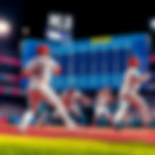 Baseball players in action with betting odds displayed on a screen