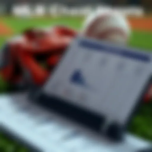 A close-up of baseball stats and analysis on a clipboard with a baseball glove and ball in the background