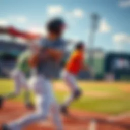 MLB Game Day with Players Baseball players in action during an MLB game on a sunny day, focused on hitting and pitching.