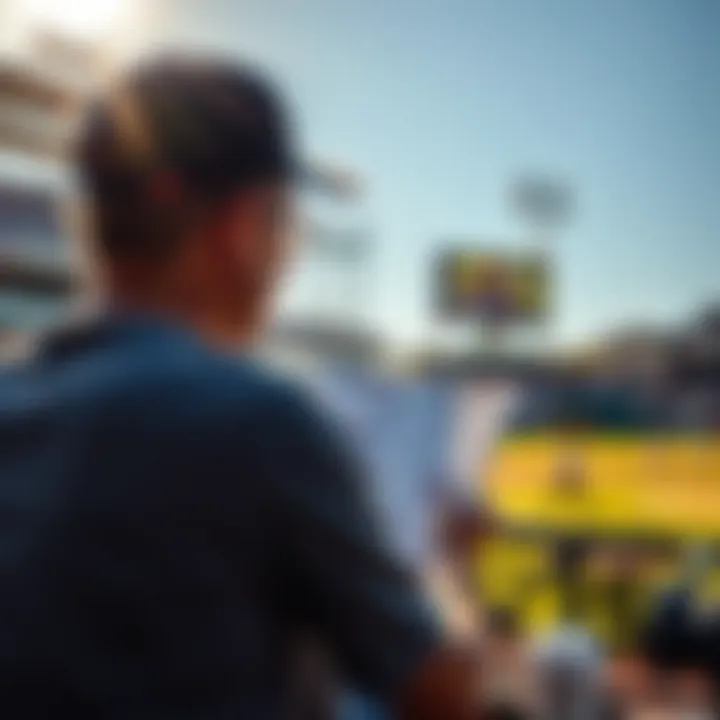 A fan reading tips for MLB games while watching a baseball game on a sunny day.