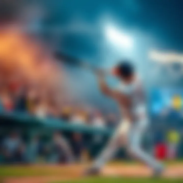 A baseball player hitting a home run during a game, with fans cheering in the background. The scene captures excitement and anticipation.