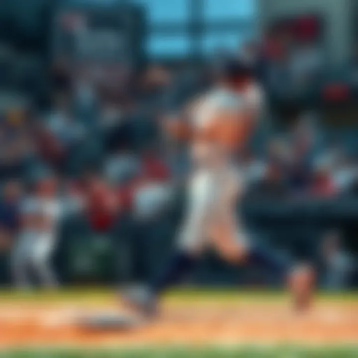 A baseball player hitting a home run during an MLB game, with fans cheering in the background.