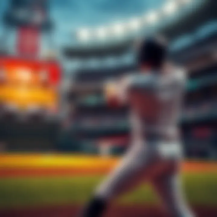 A baseball player swings at a baseball during a game, with a scoreboard and fans in the background, highlighting betting options for home runs.
