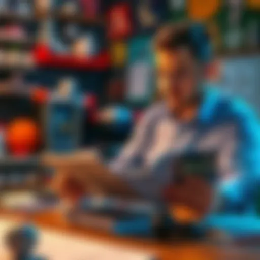A person studying MLB betting tips with a baseball notebook and calculator in hand, surrounded by sports memorabilia.