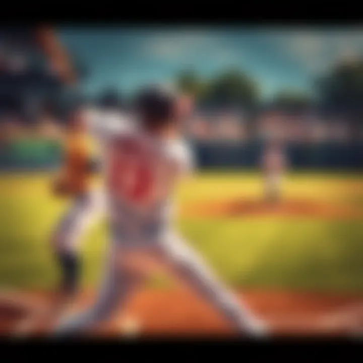 A baseball player swings the bat on the field, showcasing power and focus, with a pitcher in the background preparing to throw.