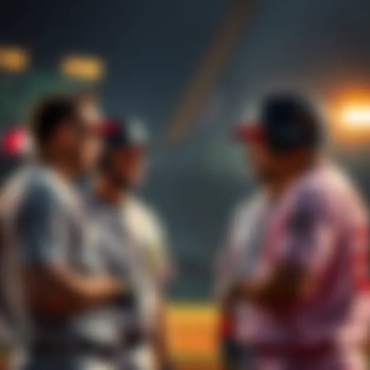 MLB Players Discuss Props and Bets A group of baseball players engaging in a lively discussion about player props and home run betting strategies.