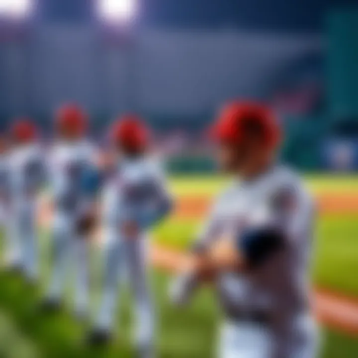 MLB players in uniform on the field warming up before a game, showcasing teamwork and determination.