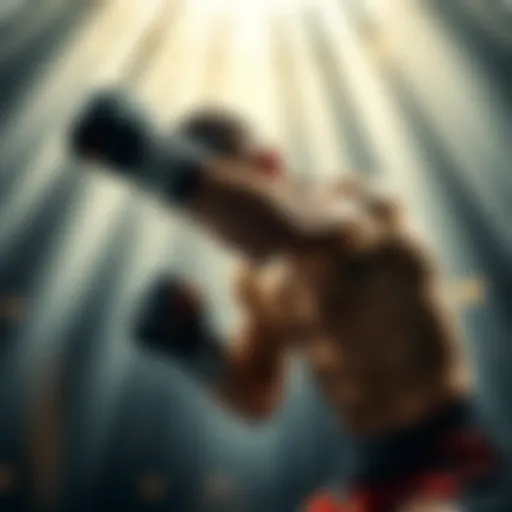 An MMA fighter in training gear stretches and prepares for a match, showcasing determination and focus