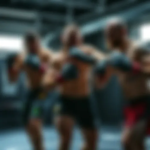 Three MMA fighters, Gomis, Miller, and Chimaev, preparing for their upcoming fights, showcasing their strength and determination in a training session.
