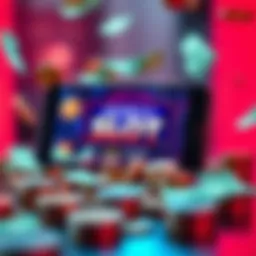 A smartphone displaying a mobile slot game with money symbols around it, representing competition and winnings.