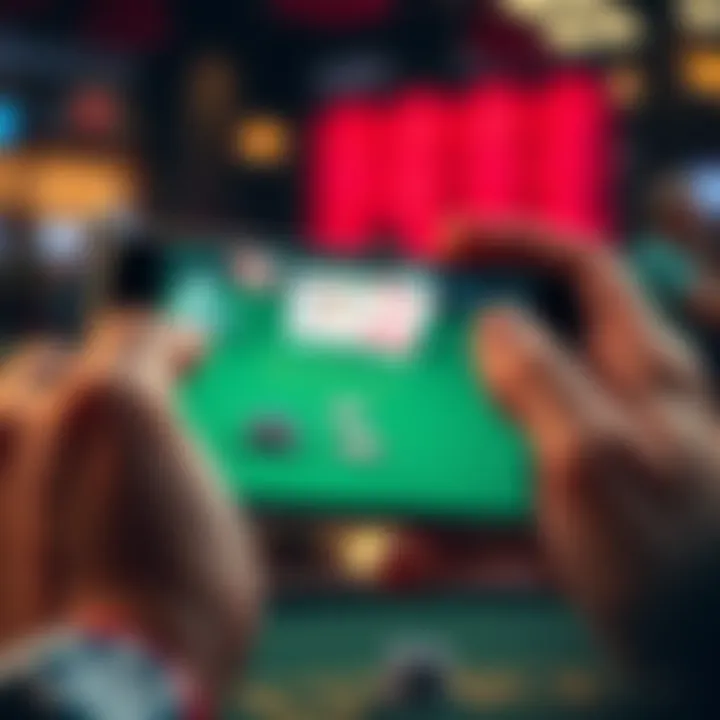 A person playing a blackjack game on a smartphone with cards and chips displayed on the screen.