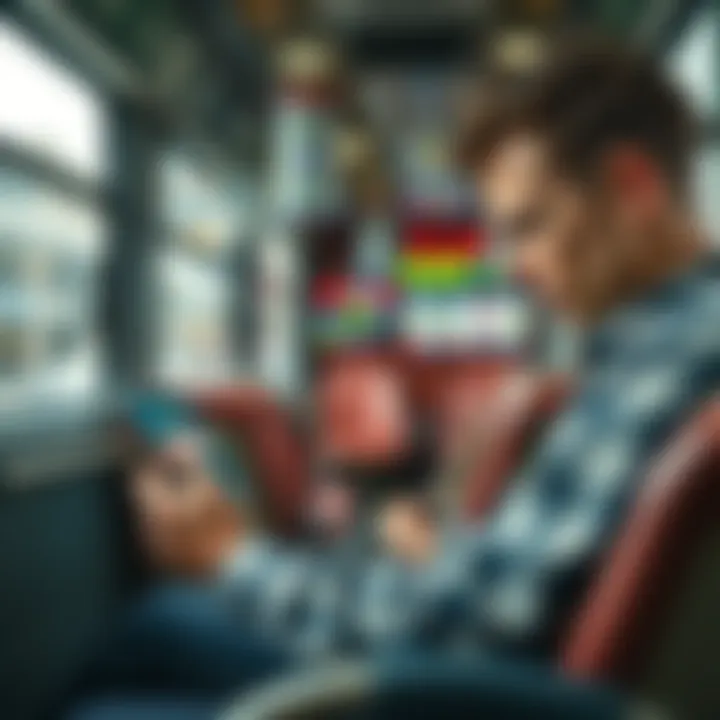 A person playing a blackjack game on a smartphone while sitting on a bus, with focused expression